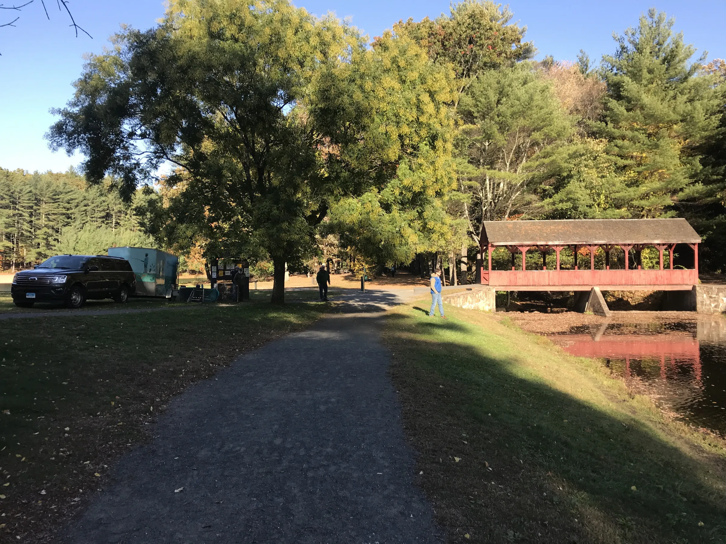 The covered bridge on the trail at Stratton Brook State Park